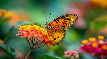 Obraz premium A close-up of a butterfly on a colorful flower.