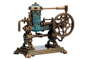 Obraz premium miniature water pump, delicately crafted and detailed, perched on a white background, highlighting its intricate design.