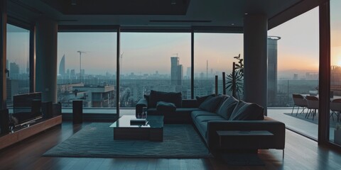 Fototapeta premium A warm and inviting living room with comfortable furniture and a large window letting in natural light