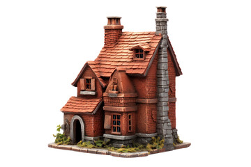 miniature brick house with intricate details and a tiny chimney, isolated on white background