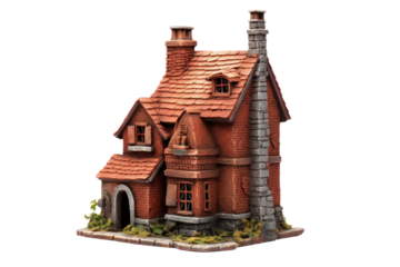 miniature brick house with intricate details and a tiny chimney, isolated on white background
