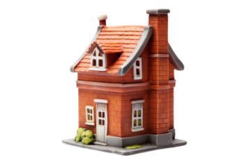 miniature brick house with intricate details and a tiny chimney, isolated on white background