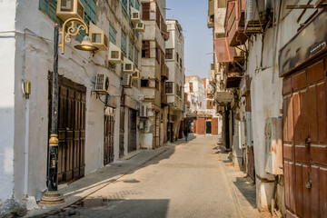 The market at historic Jeddah, a UNESCO Al-Balad touristic site, in Saudi Arabia, Middle East, with souvenir stores and beautiful architecture.