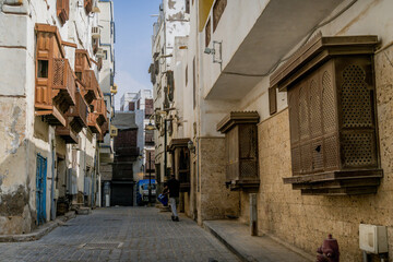 The narrow alleys in Al-Balad - historic Jeddah, old part of the town in Saudi Arabia, with beautiful architecture.
