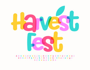 Vector playful banner Harvest Fest. Creative Bright Font. Funny Colorful Alphabet Letters and Numbers set.