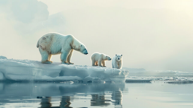 A family of polar bears on an ice floe. - Powered by Adobe