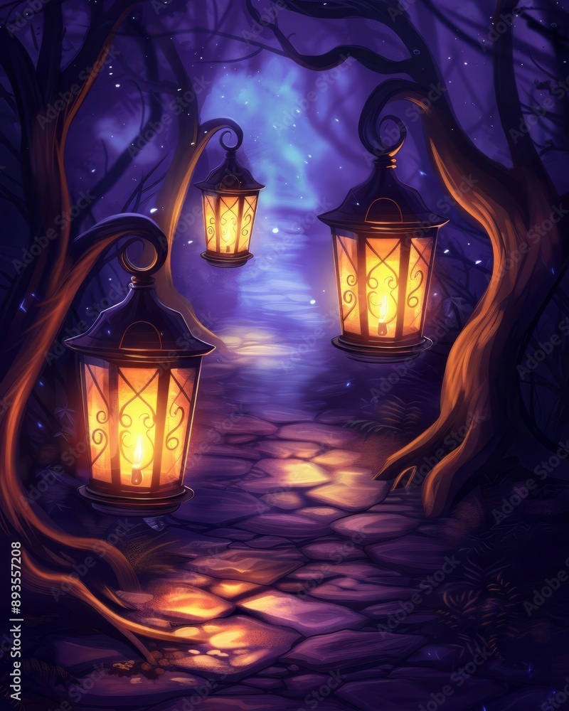 Poster enchanted lanterns a haunting journey through a dark forest path with ghostly apparitions