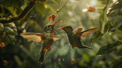A pair of hummingbirds feeding on nectar.