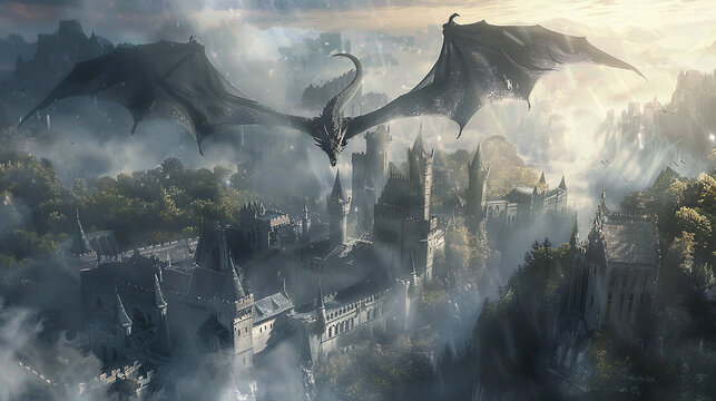 A mystical dragon soaring over a medieval castle.