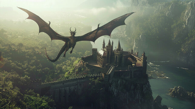 A mystical dragon soaring over a medieval castle.