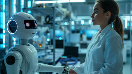 A robot companion helping a human in a high-tech laboratory.