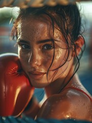 A woman with wet hair and a red boxing glove, suitable for sports or action-themed illustrations