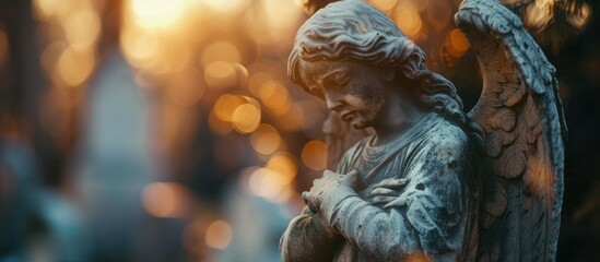 A stone angel statue with wings stands in a cemetery during sunset