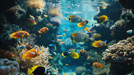 A school of tropical fish swimming around a coral reef.
