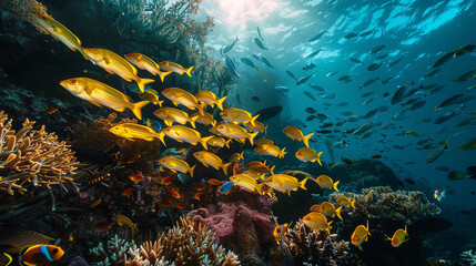 A school of tropical fish swimming around a coral reef.