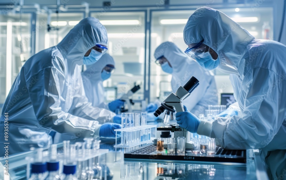 Poster a scientist wearing protective gear examines a sample under a microscope in a laboratory