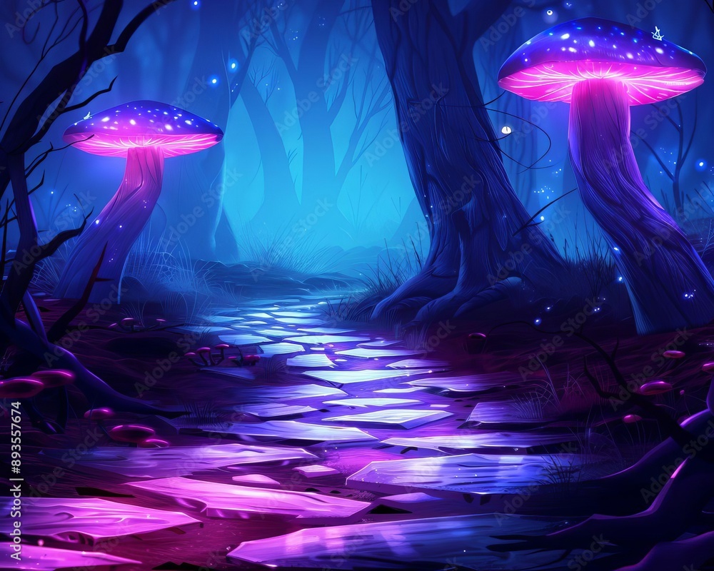 Aufkleber enchanted shadows a haunting forest path adorned with glowing mushrooms and twisted trees in a myste