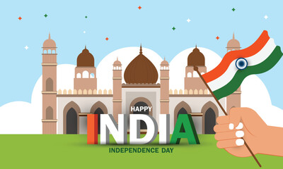 Famous monument of India in background for happy independence day with hand holding flag of India