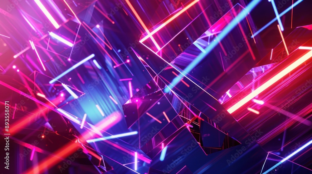 Poster A vibrant array of neon lights illuminate a cluster of shimmering geometric shapes creating an abstract composition that radiates energy and dynamism