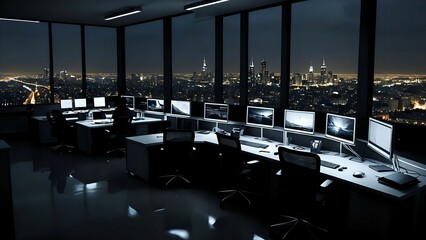 Nighttime view of a modern office with cityscape in the background.