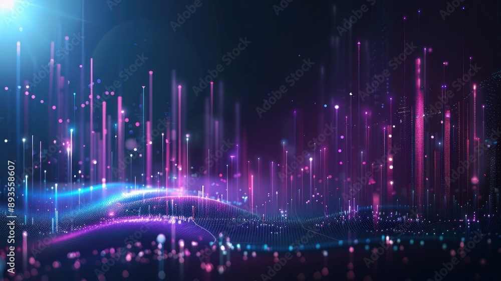 Wall mural an abstract digital landscape with glowing towers and a wavy surface