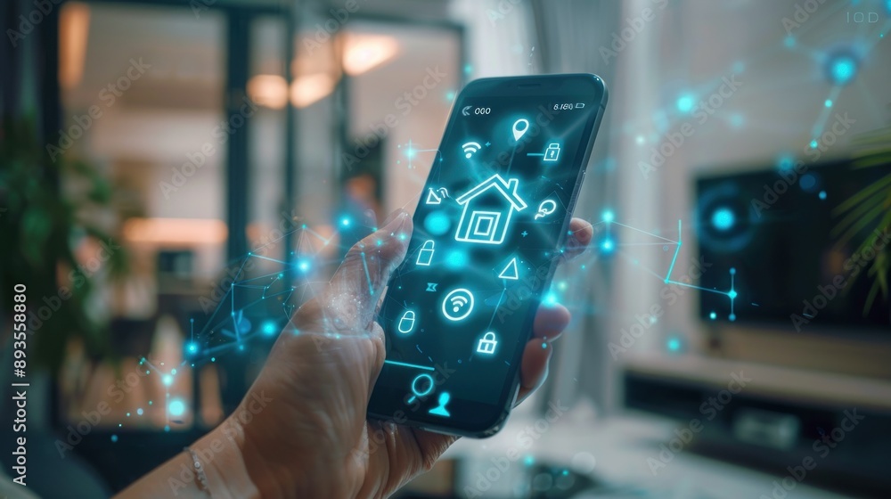 Poster hand holding a smartphone with glowing blue home automation icons and a network of glowing blue line