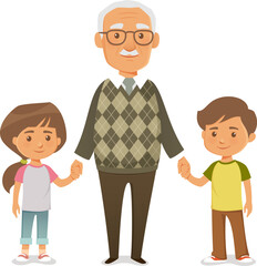 cute illustration of a grandfather holding hands with his grandchildren, a boy and girl. Family and bonding concept between children and elderly people. Cartoon character.