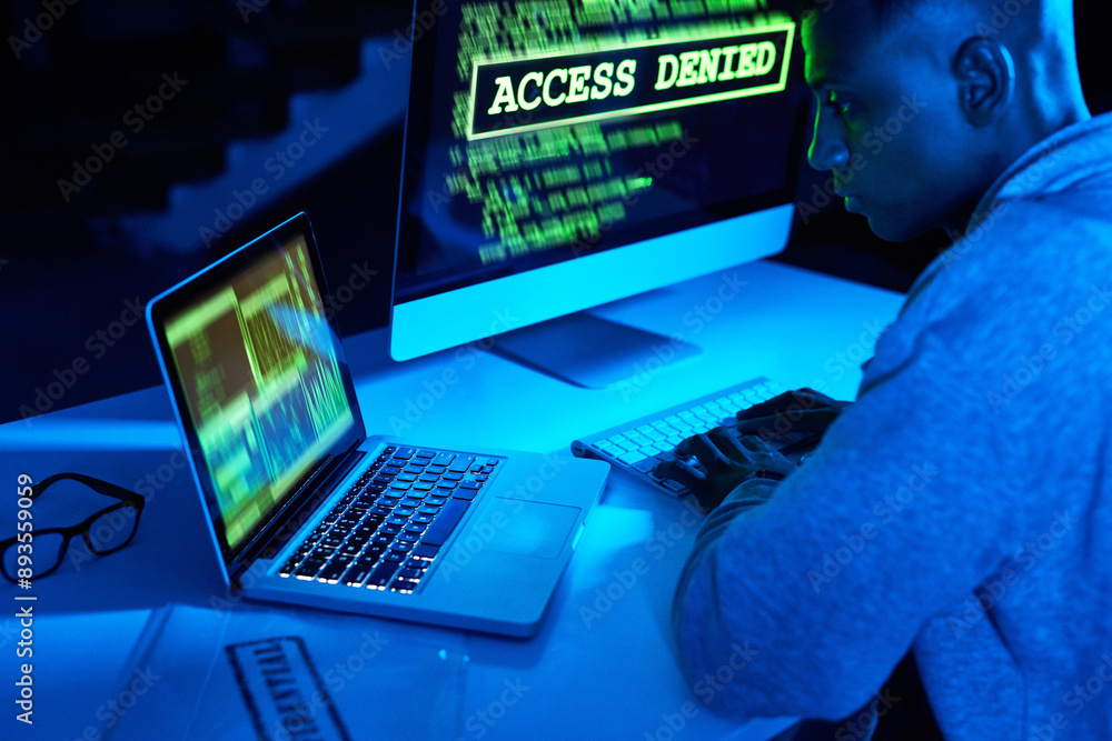 Poster access denied, screen or black man hacking computer for cybercrime, malware or phishing for stealing