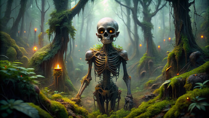 Fototapeta premium Eerie, glowing-eyed alien skeleton, entwined in misty foliage, wanders through a mysterious, dark forest, surrounded by ancient, gnarled trees and overgrown underbrush.