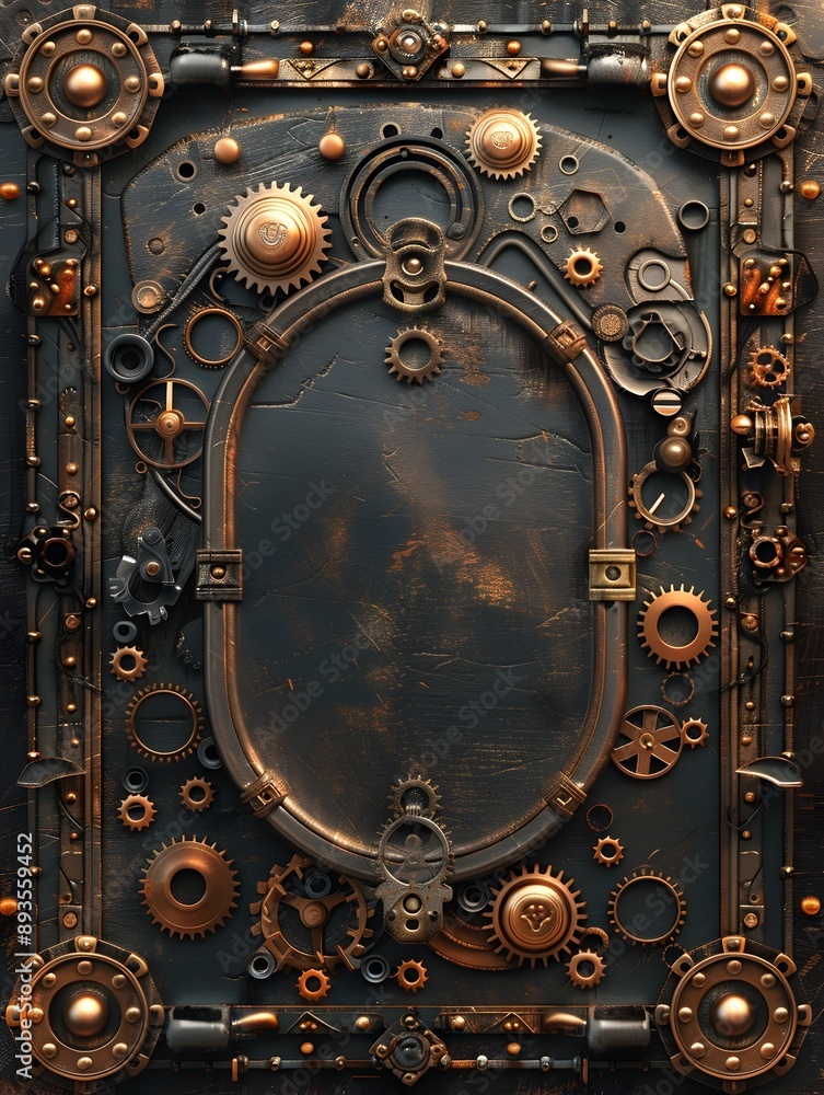 Aufkleber steampunk metallic frame with intricate gears and cogs suitable for industrial and retro futuristic 