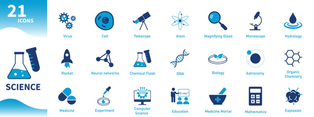 Science icon. Set of icons for experiment, astronomy, DNA, medical, microbiology, hydrology, chemistry. Solid vector icons