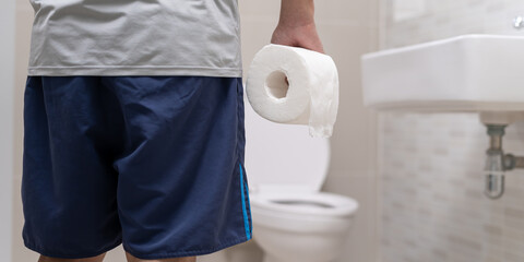 Constipation and diarrhea in bathroom. Hurt man touch belly  stomach ache painful. colon...