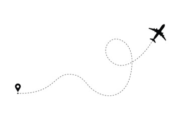 Airplane line path vector icon of air plane flight route with start point and dash line trace