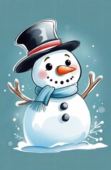 Snowman with hat and scarf, cartoon character, vector illustration. Merry christmas and happy new year celebrating card