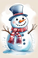 Snowman with hat and scarf, cartoon character, vector illustration. Merry christmas and happy new year celebrating card