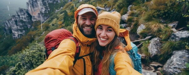 A couple in yellow rain gear are smiling for the camera.