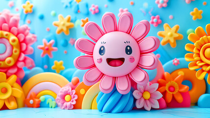 Fototapeta premium Colorful, cartoonish scene with a smiling flower, colorful, playful shapes and elements and stars