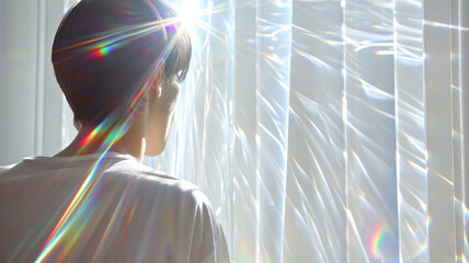 Naklejka premium Serene Morning Light Refraction Through Blinds Illuminating Person's Silhouette