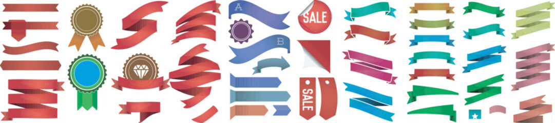 Set of Ribbons. Ribbon elements. Starburst label. Vintage. Modern simple ribbons collection. Vector illustration.Glossy Red Ribbon Curled Banner tag element vector illustration