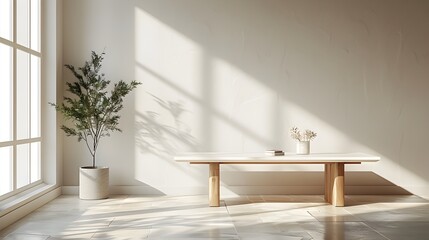 Sleek Minimalist Table in Bright Airy Room Ideal for Tech Gadget Showcase