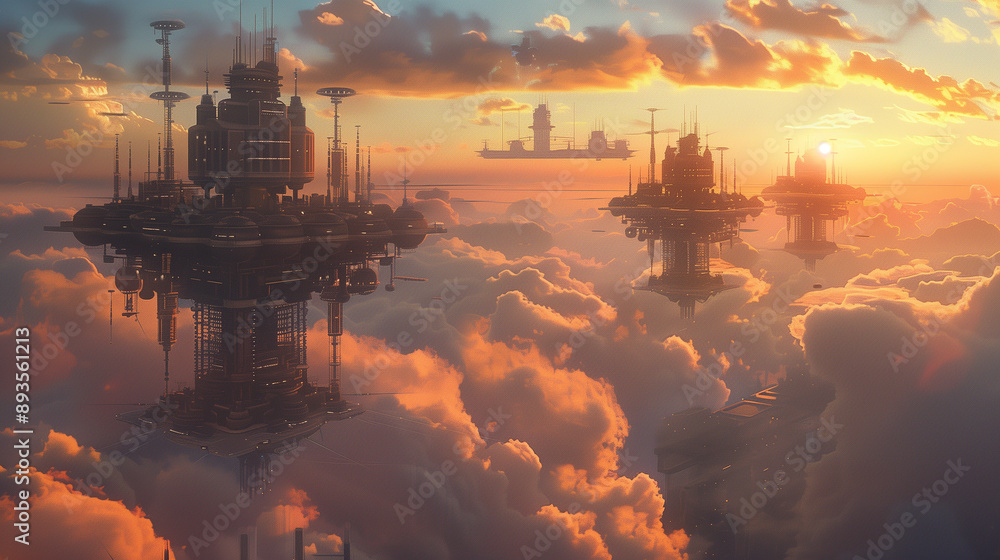 Aufkleber a space scene with three spaceships flying in the sky. the sky is filled with clouds and the spacesh
