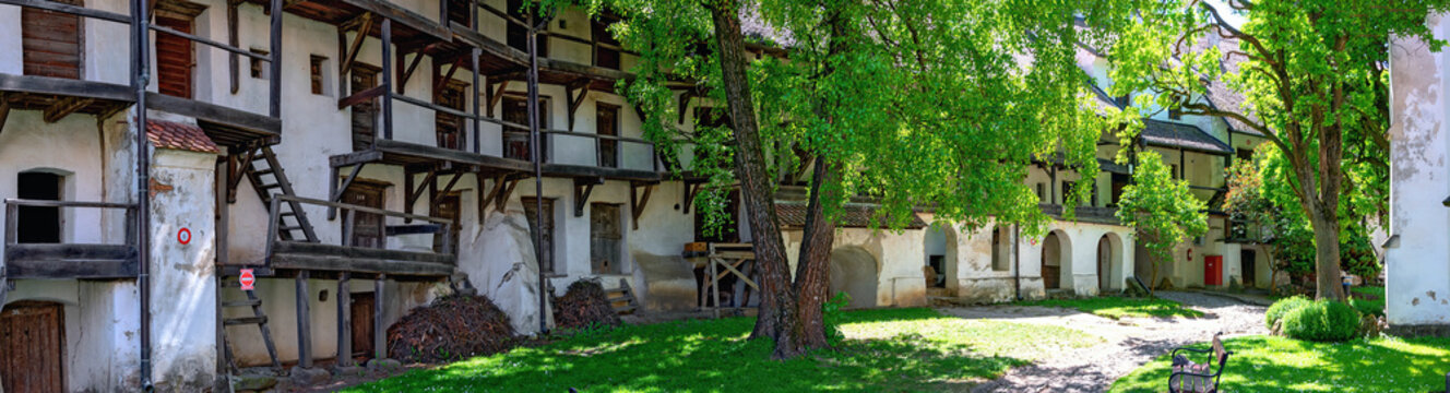  Panoramic view of the Inner yard with galleries in the fortified church of Tartlau (Prejmer) in Transsylvania, Romania