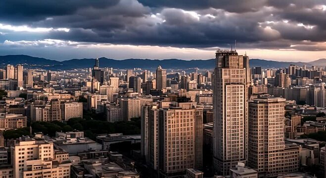Depict a sprawling urban landscape where the cloudy sky casts a somber light, and intricate Zentangle designs are integrated into the facades of beautiful, illuminated buildings.