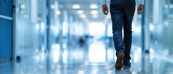 Sad employee walking down a corporate hallway, Lose a job, Last walk at work