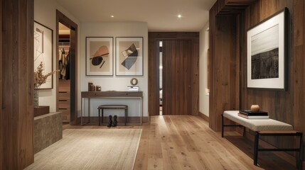 Fototapeta premium Contemporary home entrance hallway with modern wooden decor, featuring a desk, stand, and shoe bench.