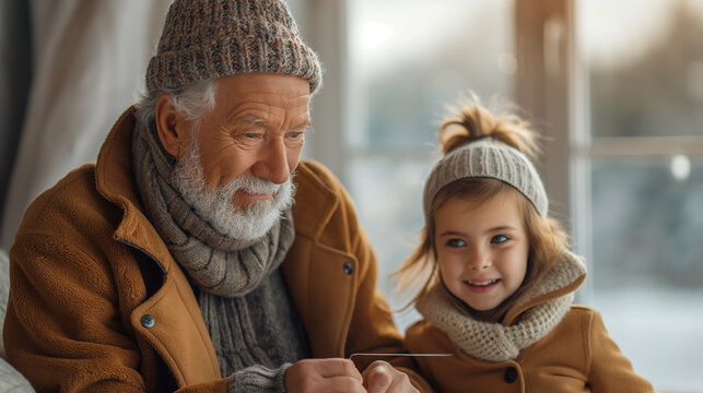 A telephoto angle photo of a grandfather tying his shoelaces with a grandchild watching curiously beside him, with copy space - Powered by Adobe