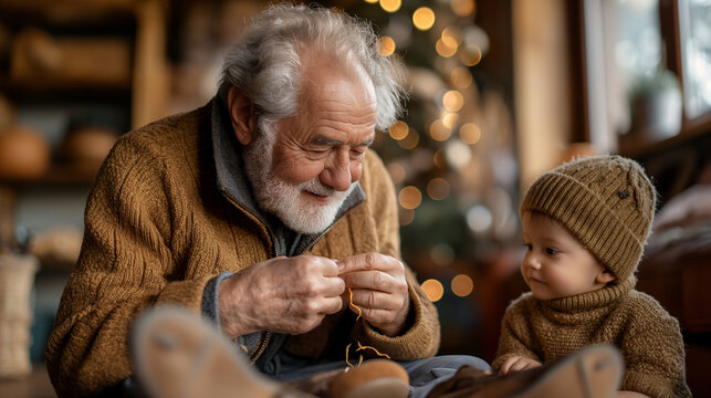 A telephoto angle photo of a grandfather tying his shoelaces with a grandchild watching curiously beside him, with copy space