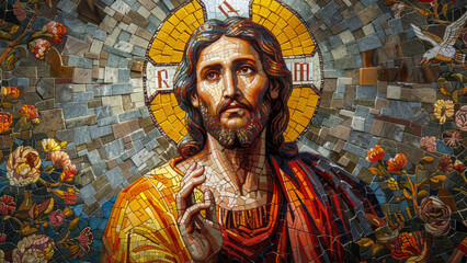 Mosaic of Jesus Christ with Floral Decorations
