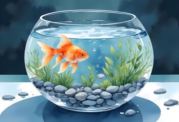 Watercolor Goldfish in a Bowl Illustration