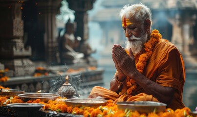 Indian priest man in an orange robe is praying in front of a statue